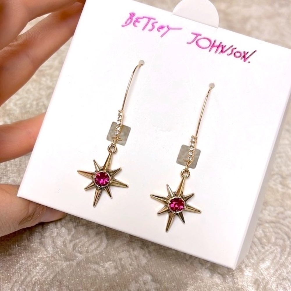 Brand New Betsey Johnson Gold Tone Celestial Star Pink Stone Drop Earrings